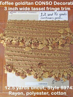 Toffee gold/tan CONSO Decorative 3" wide tassel fringe trim, Original VTG label